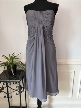 ❤️ Vineyard Collection Strapless Grey Crepe Ruched Flowy Cocktail Dress 12